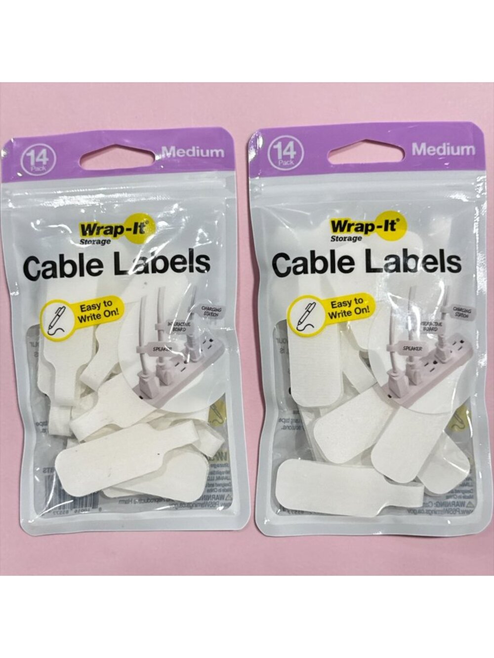 Set of 2 Wrap-It Storage Medium Cable Labels 14-Pack Easy To Write On White Hook